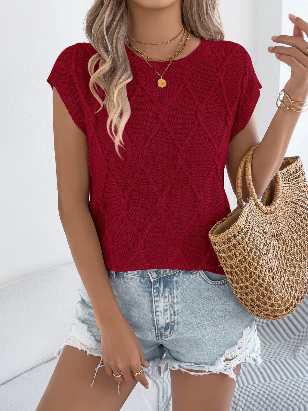 Round Neck Cap Sleeve Knit Top