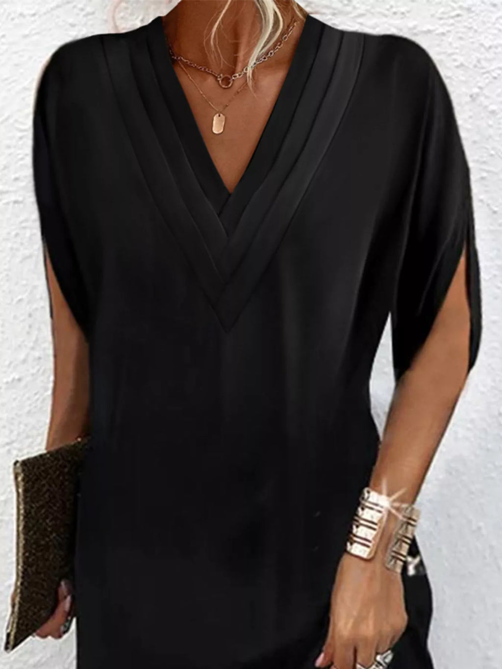 Full Size V-Neck Slit Sleeve Mini Dress Plus Size