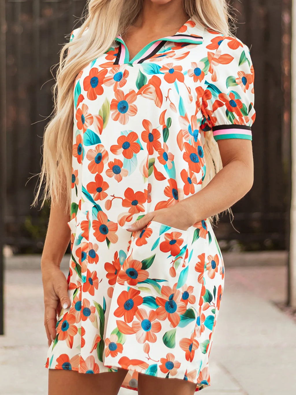 Contrast Trim Floral Split Neck Puff Short Sleeve Tiered Mini Dress