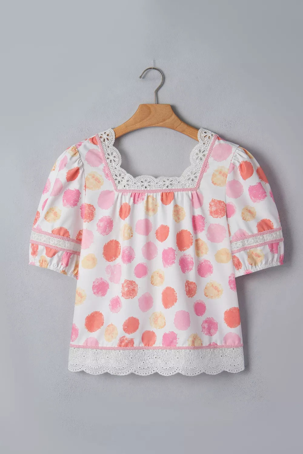 Polka Dot Lace Trim Square Neck Puff Sleeve Blouse
