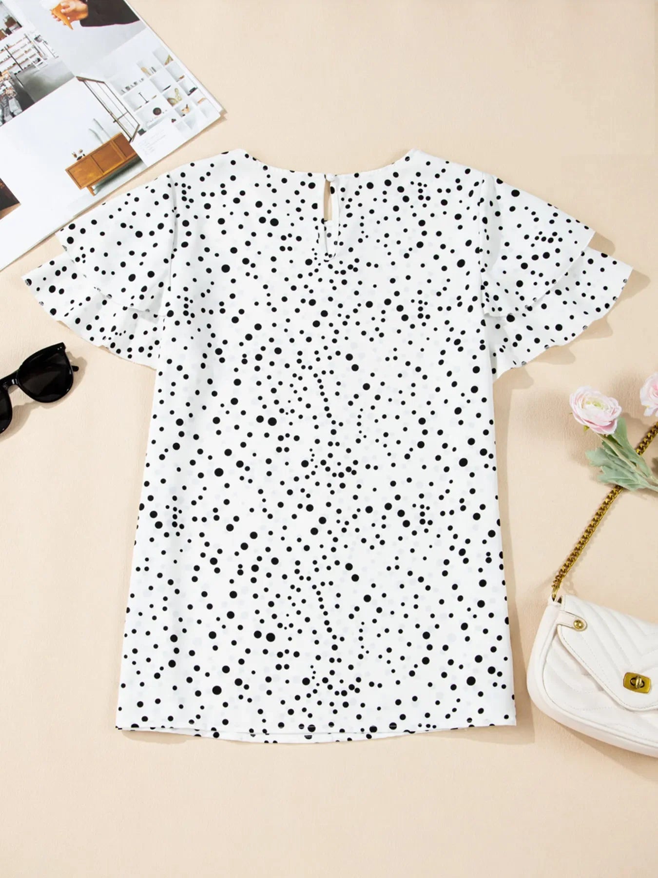 Polka Dot Layered Ruffled Short Sleeve Blouse