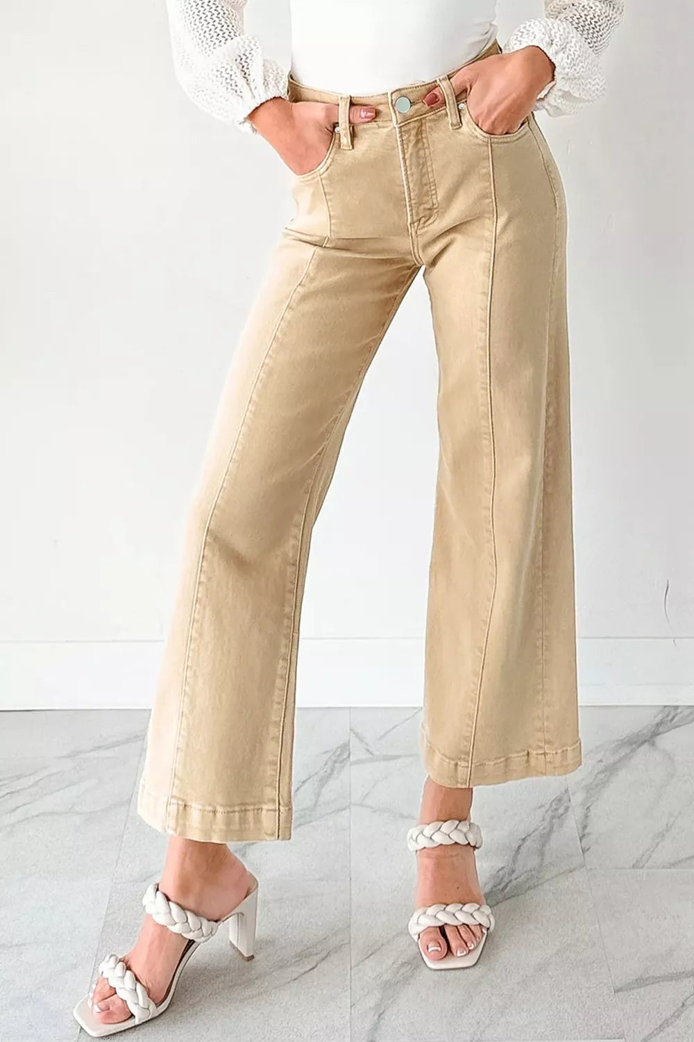 Solid Color Seamed Center Wide Leg Cropped Jeans