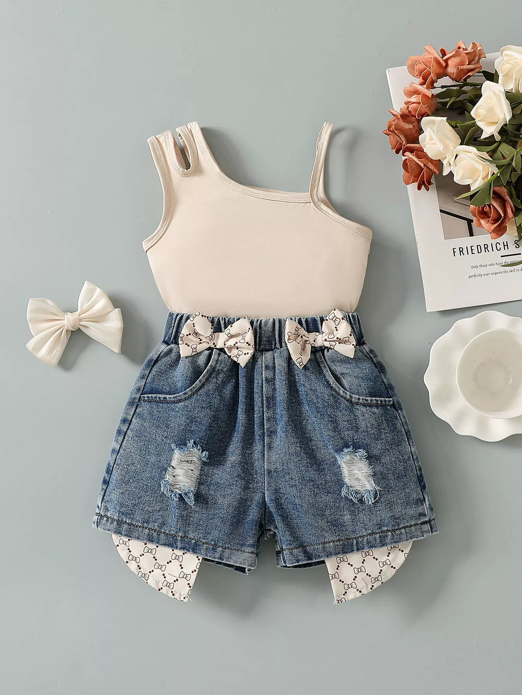 Children's Asymmetrical Tank Top & Bow-Accent Denim Shorts Set