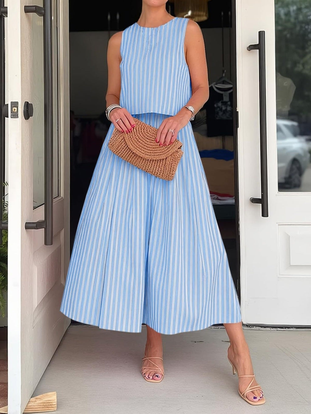 Striped Sleeveless Top and Midi Skirt Set