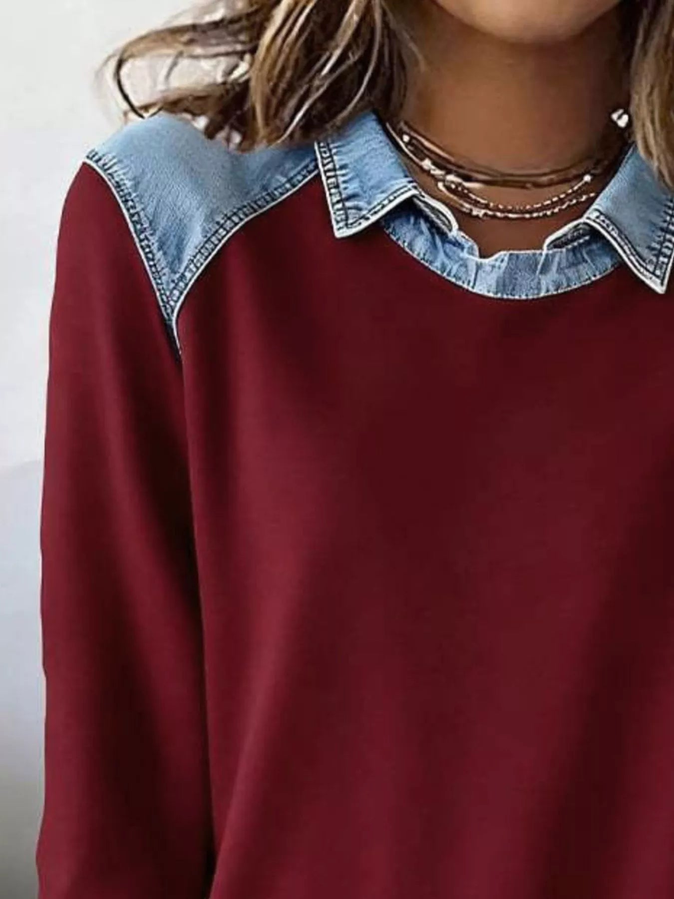 Full Size Denim Trim Long Sleeve Top Plus Size