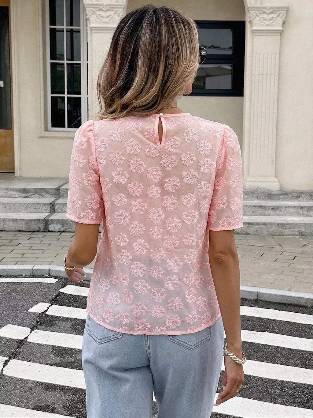 Floral Embroidered Pearl Trim Blouse