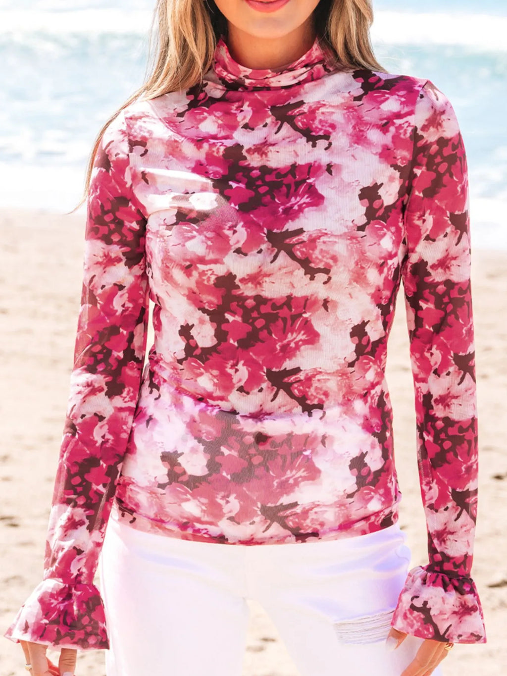Floral Mesh Flounce Sleeve Mock Neck Blouse