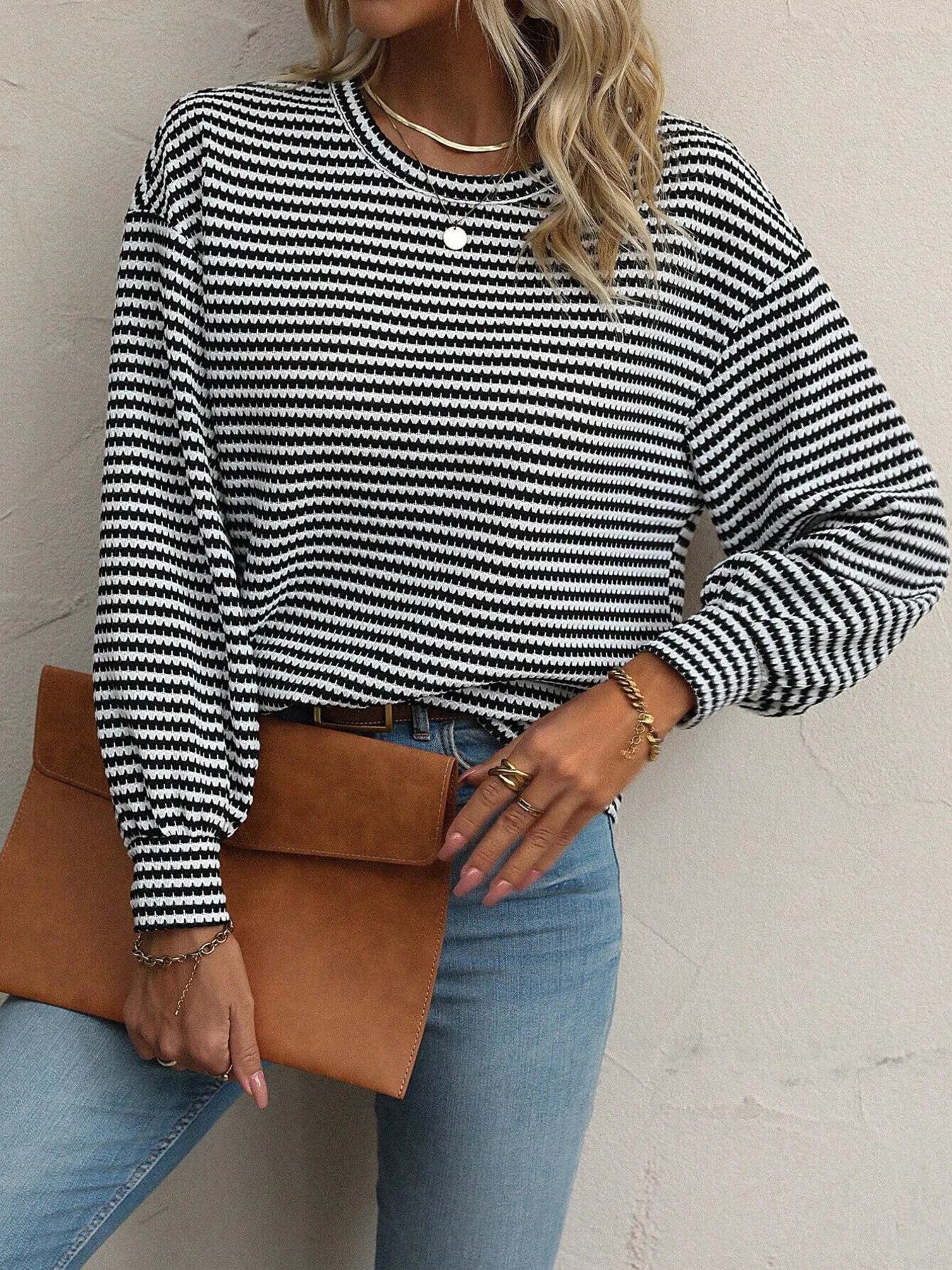 Striped Round Neck Lantern Sleeve Top