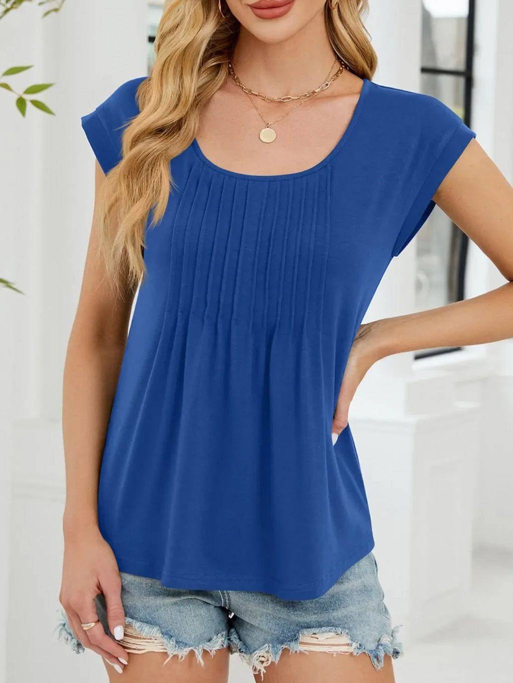 Pleated Front Scoop Neck T-Shirt
