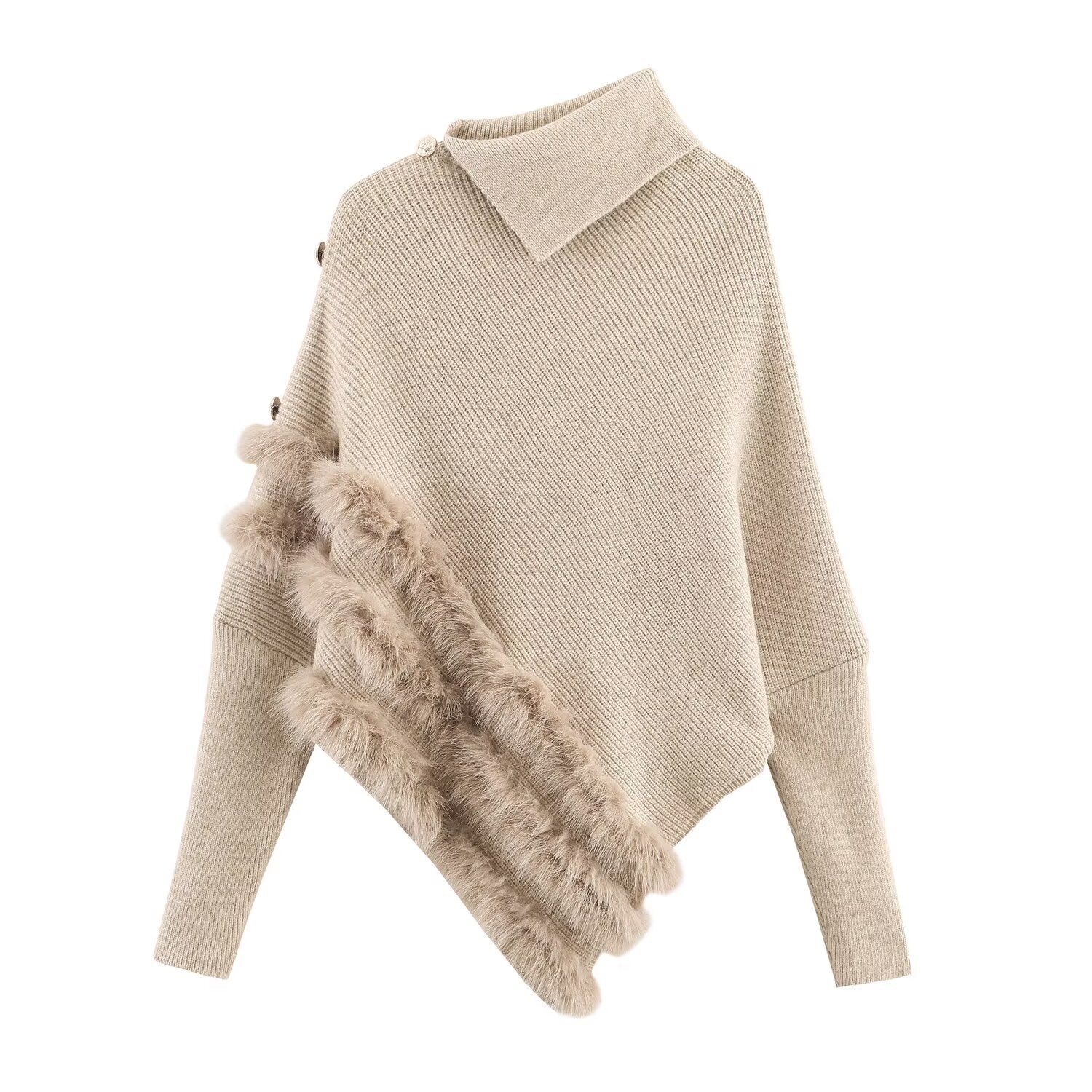 Irregular Asymmetric Turtleneck Long Sleeved Sweater Women Winter Furry Stitching Loose Sweater Top