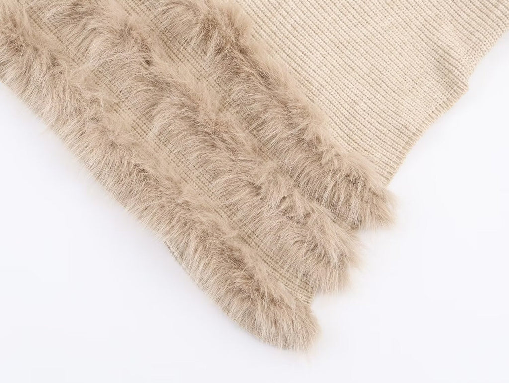 Irregular Asymmetric Turtleneck Long Sleeved Sweater Women Winter Furry Stitching Loose Sweater Top