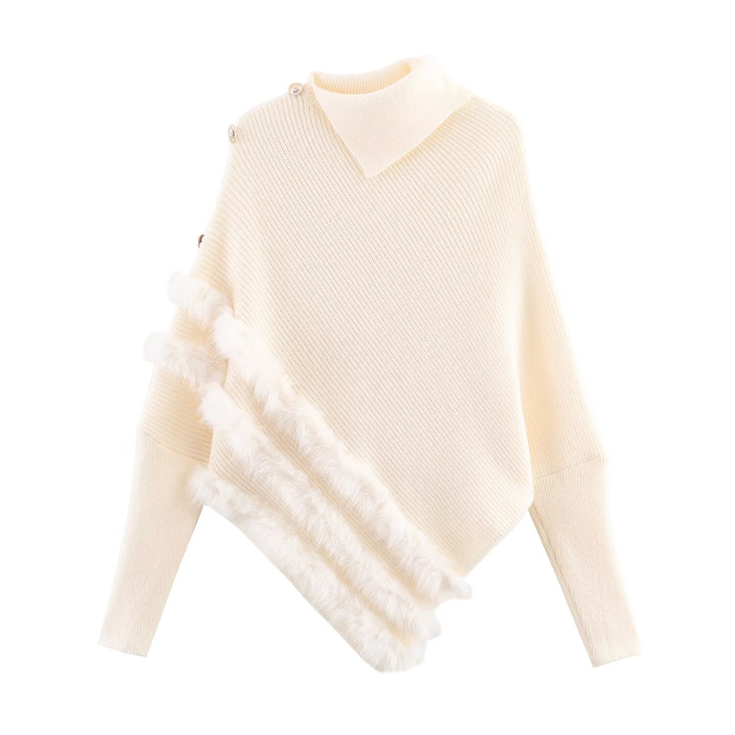 Irregular Asymmetric Turtleneck Long Sleeved Sweater Women Winter Furry Stitching Loose Sweater Top