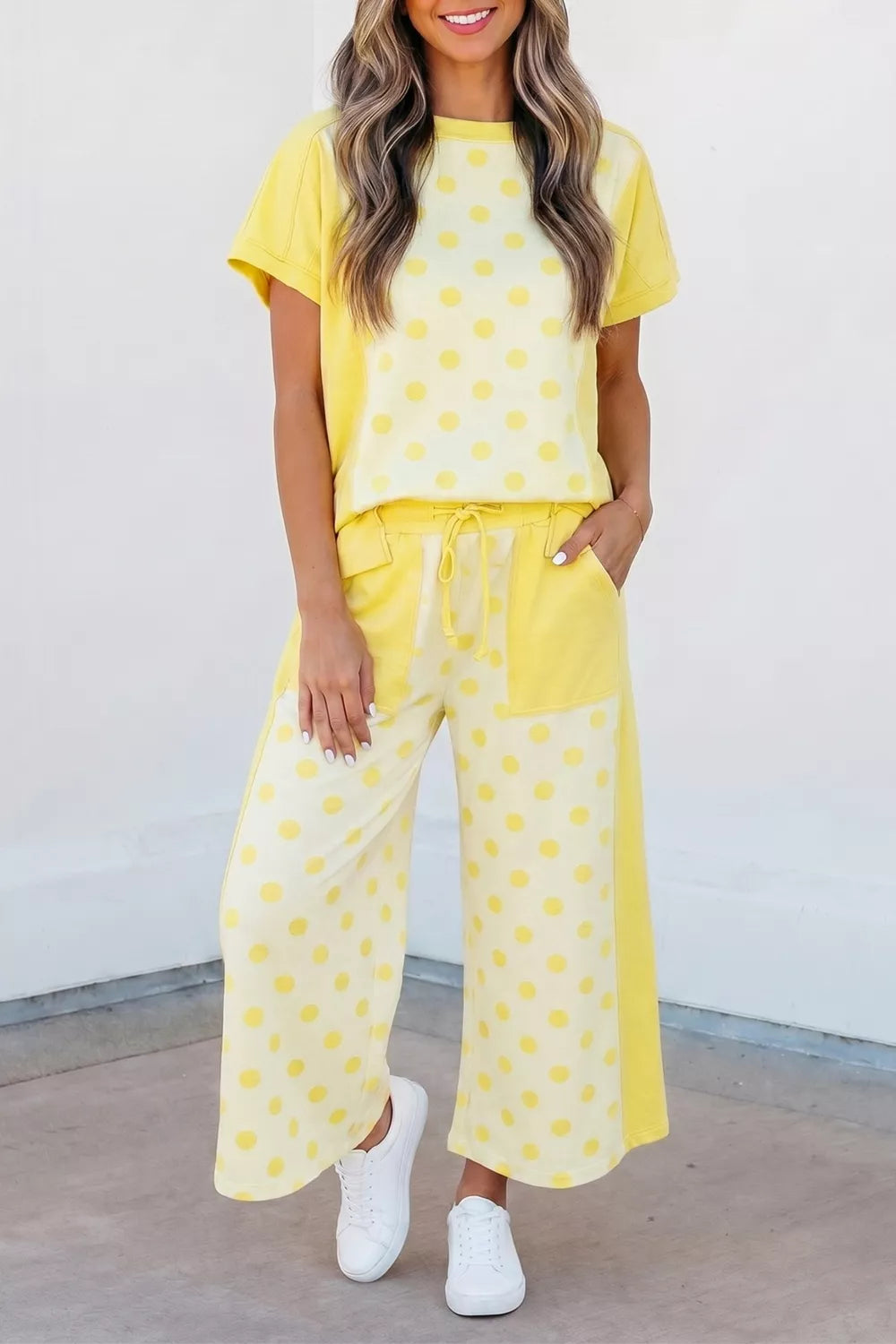Color Block Patchwork Polka Dot Top and Wide Leg Pant Set