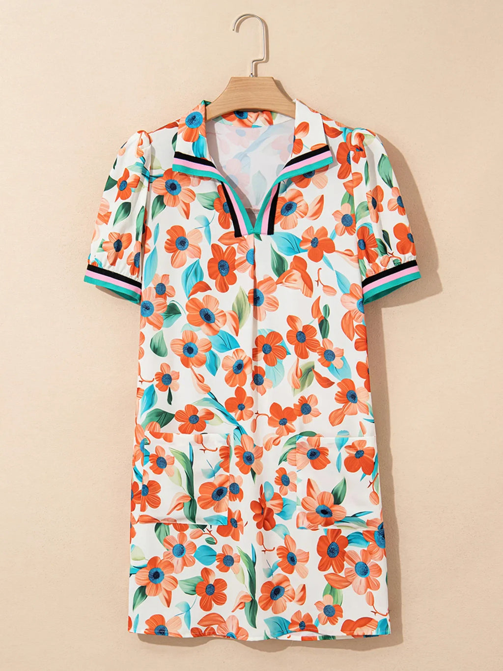 Contrast Trim Floral Split Neck Puff Short Sleeve Tiered Mini Dress