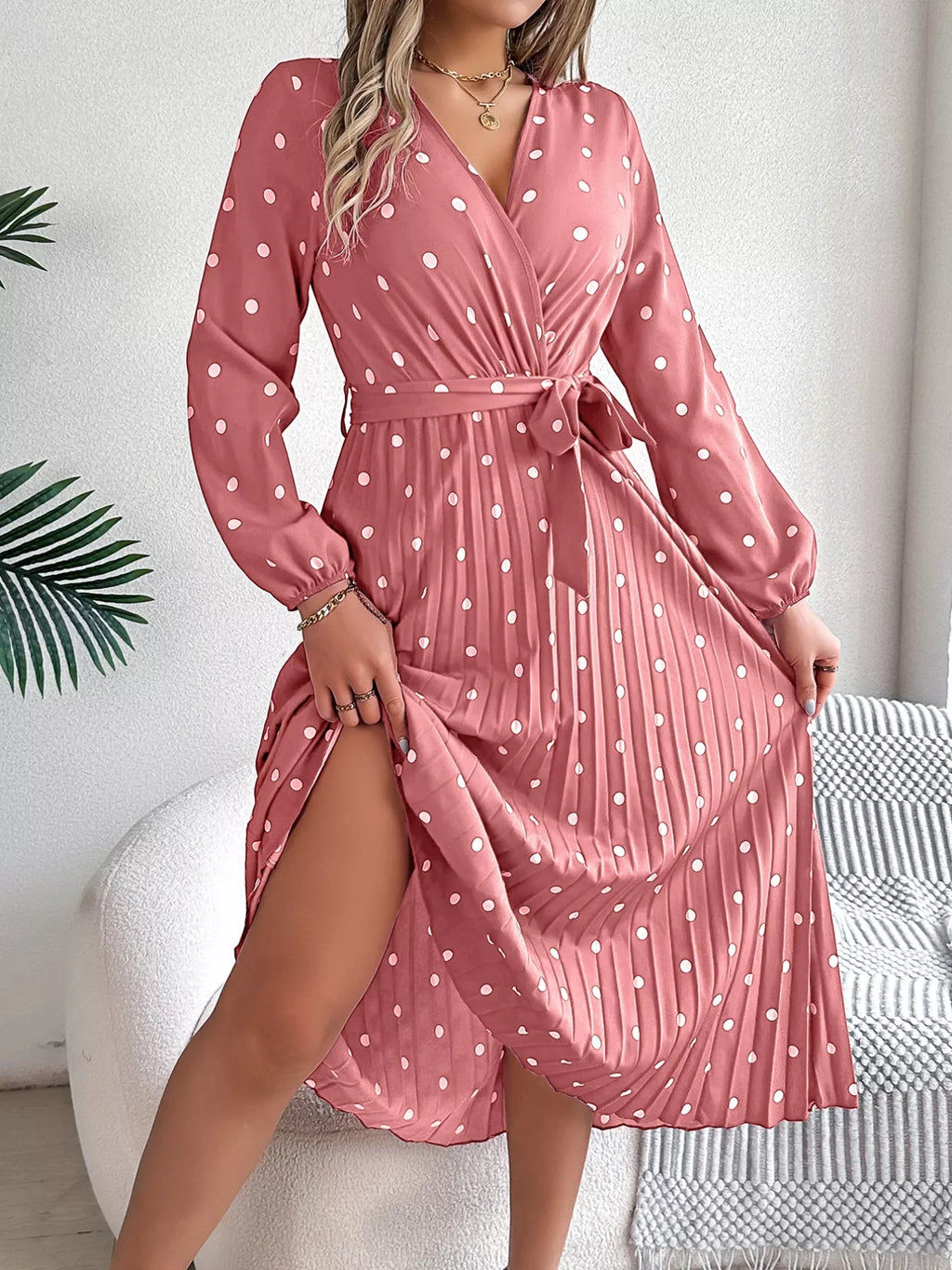 Front Tie Polka Dot Midi Pleated Dress