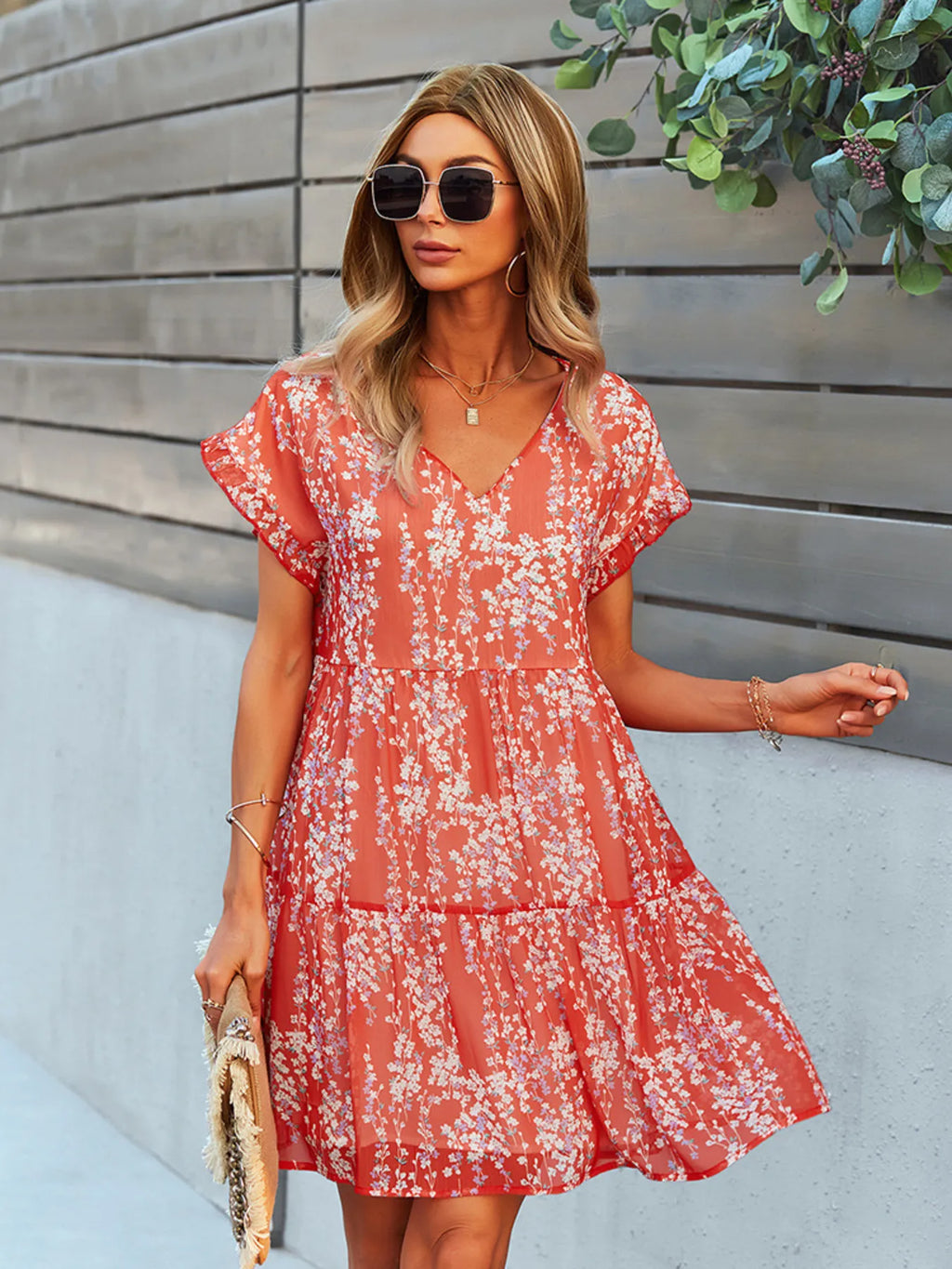 Floral Print V-Neck Ruffle Tiered Summer Mini Dress