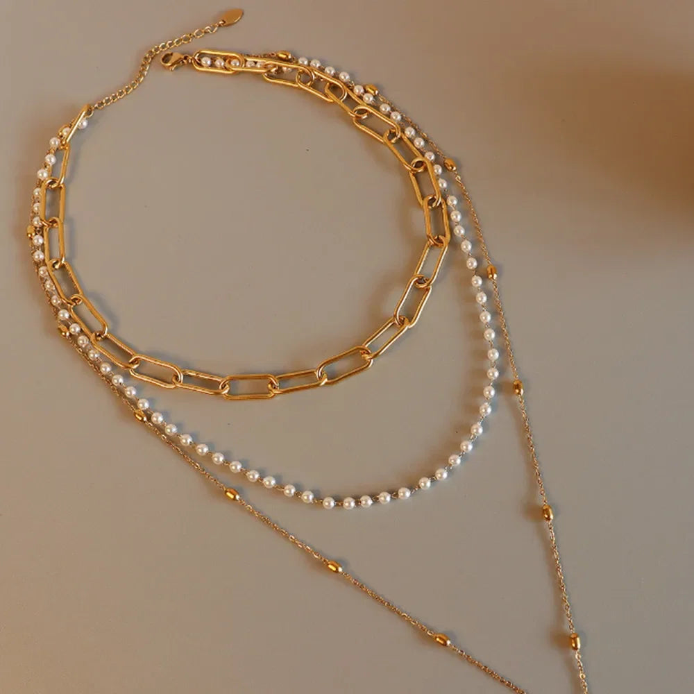 Synthetic Pearl Titanium Steel Three-Layered Necklace