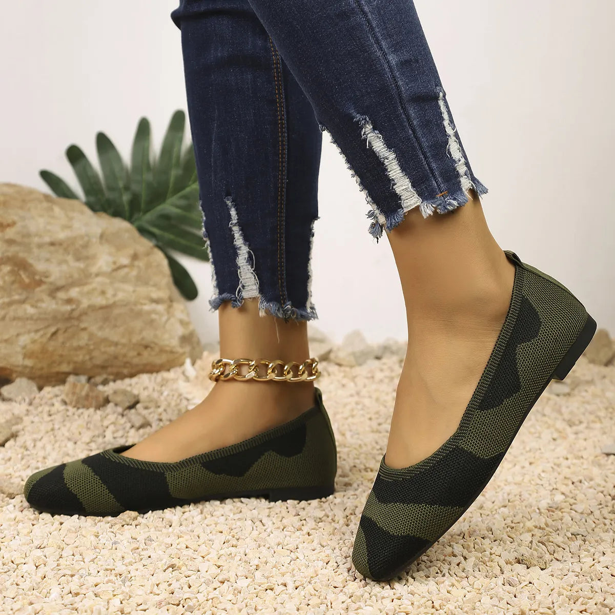 Camouflage Mesh Knit Flat Loafers