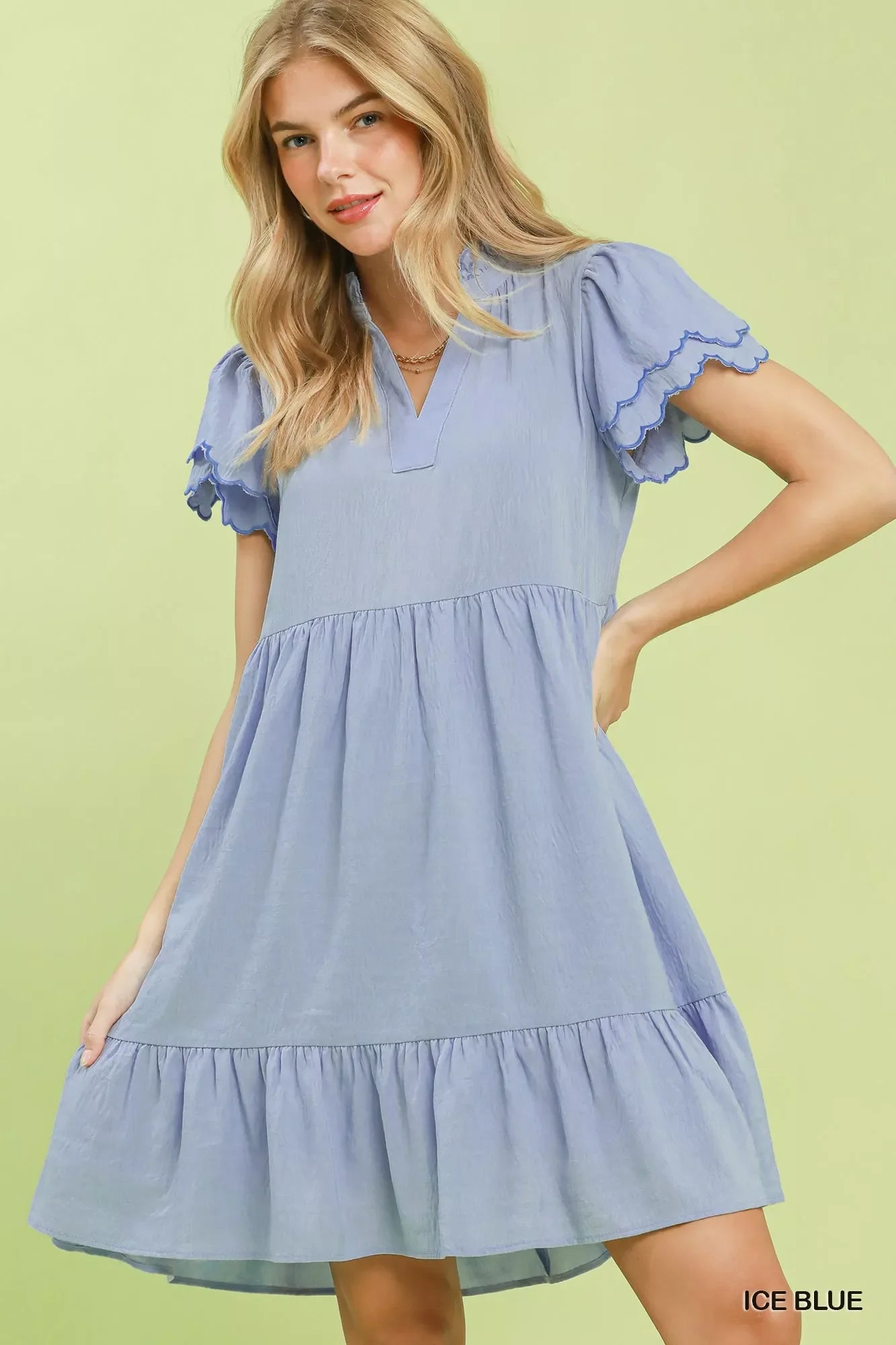 Umgee Scallop Flutter Sleeve Tiered Mini Dress