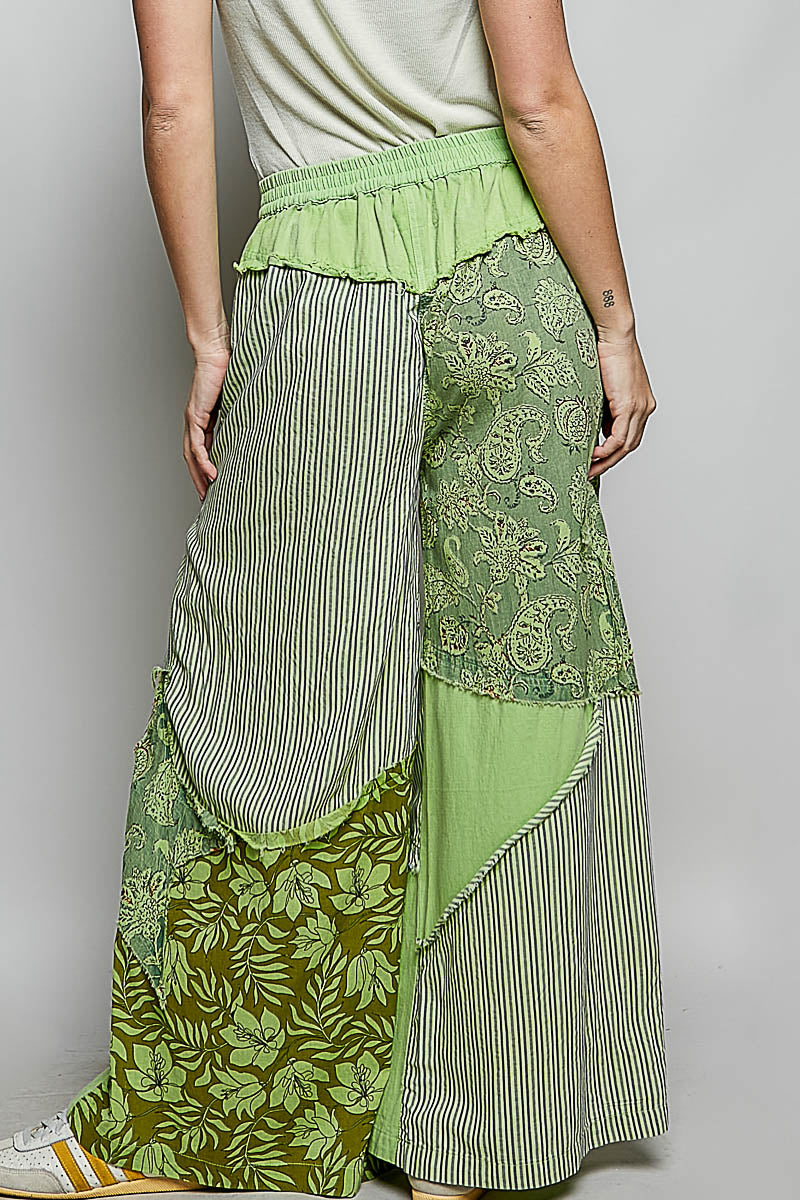 POL Striped Floral Patchwork Wide leg Pants with Side Big Star Patch