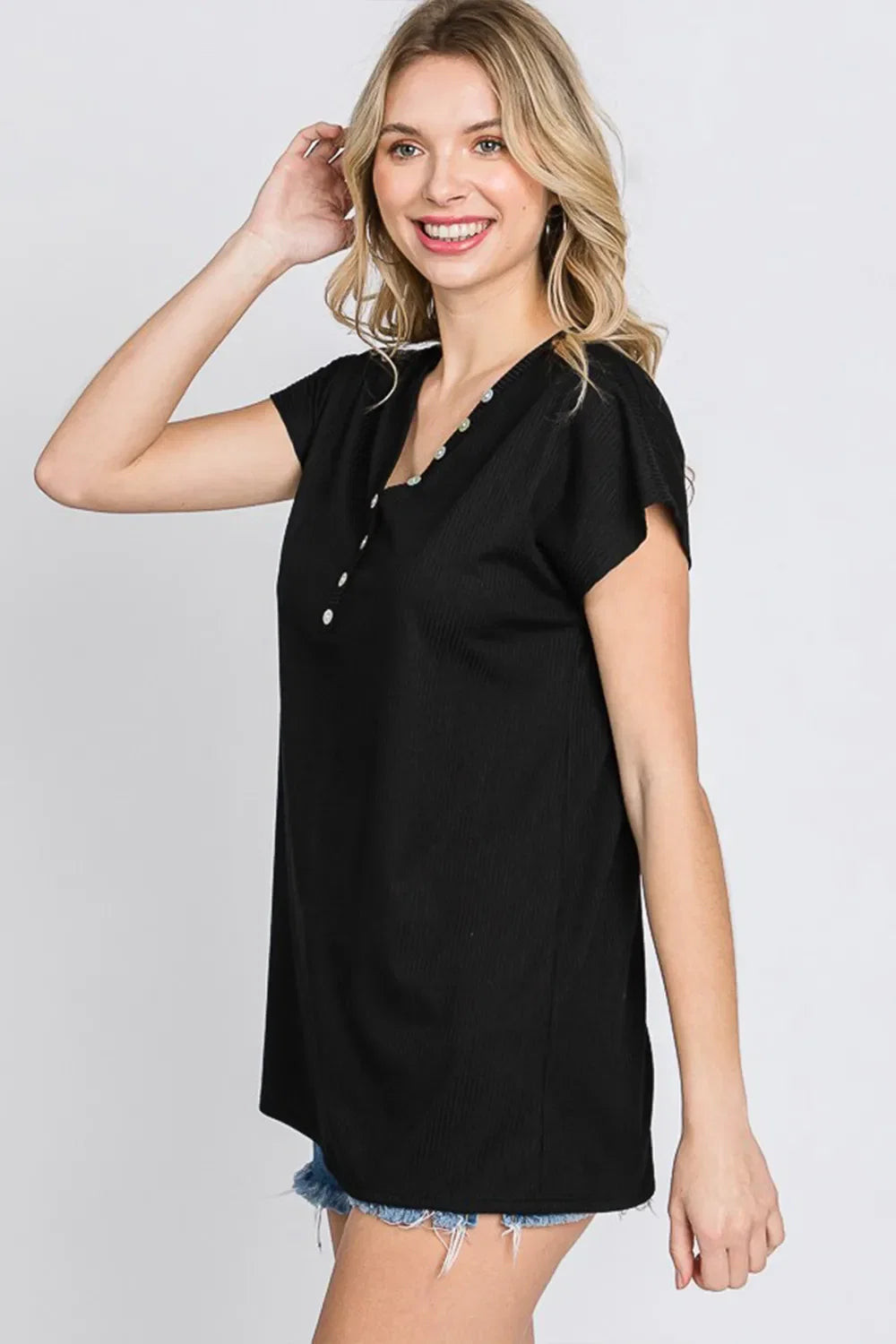 Heimish Full Size Front Button V-Neck Short Sleeve T-Shirt