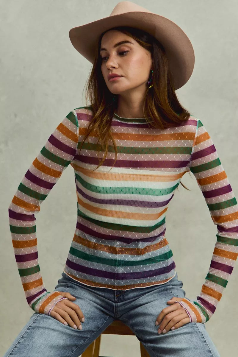 SO ME Mardi Gras Color Stripe Stretch Mesh Top