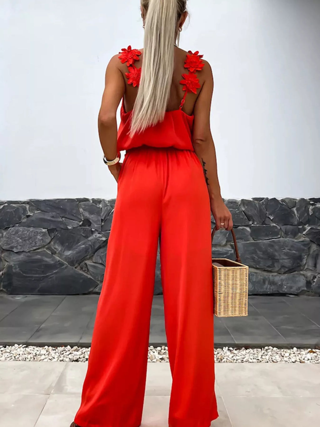 Floral Applique V-Neck Wide Leg Jumpsuit