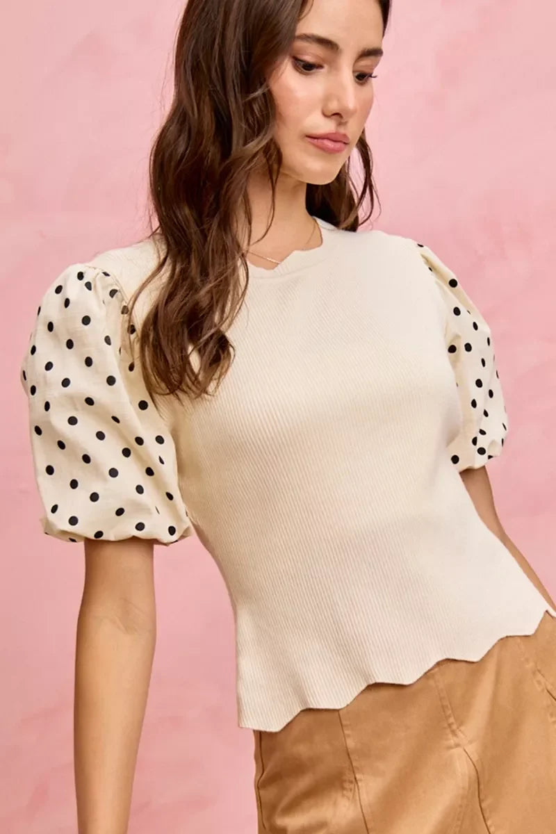 SO ME Polka Dot Contrast Woven Ballon Sleeve Blouse