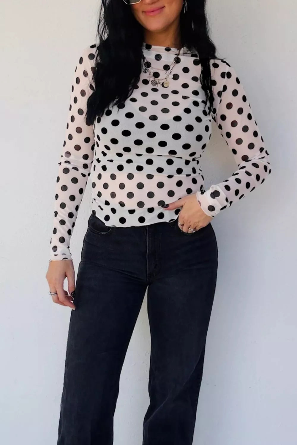 Polka Dot Mesh Long Sleeve Stand Neck Sheath Top