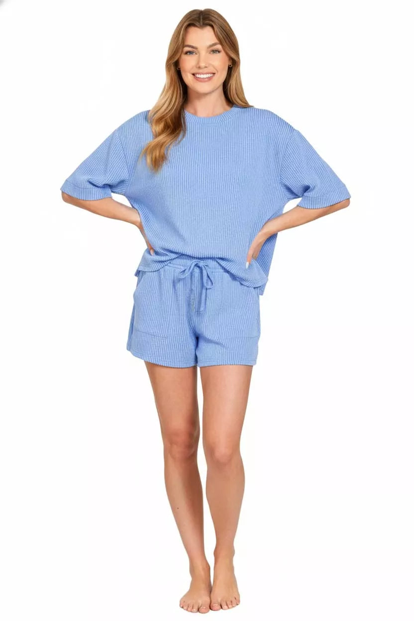 Zenana Raised Rib Short Sleeve Tee and Drawstring Shorts Set