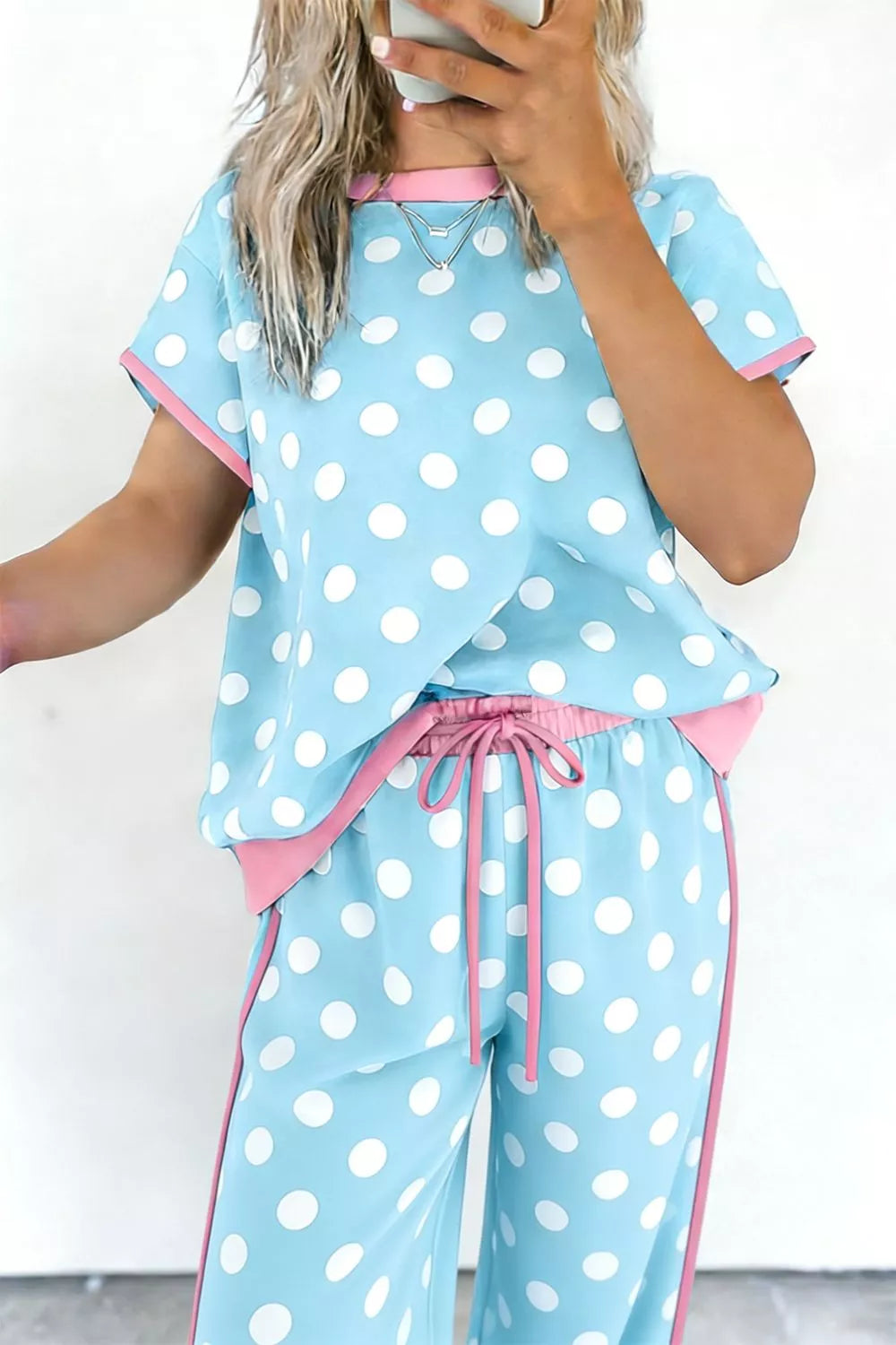 Polka Dot Contrast Trim Top and Pants Set