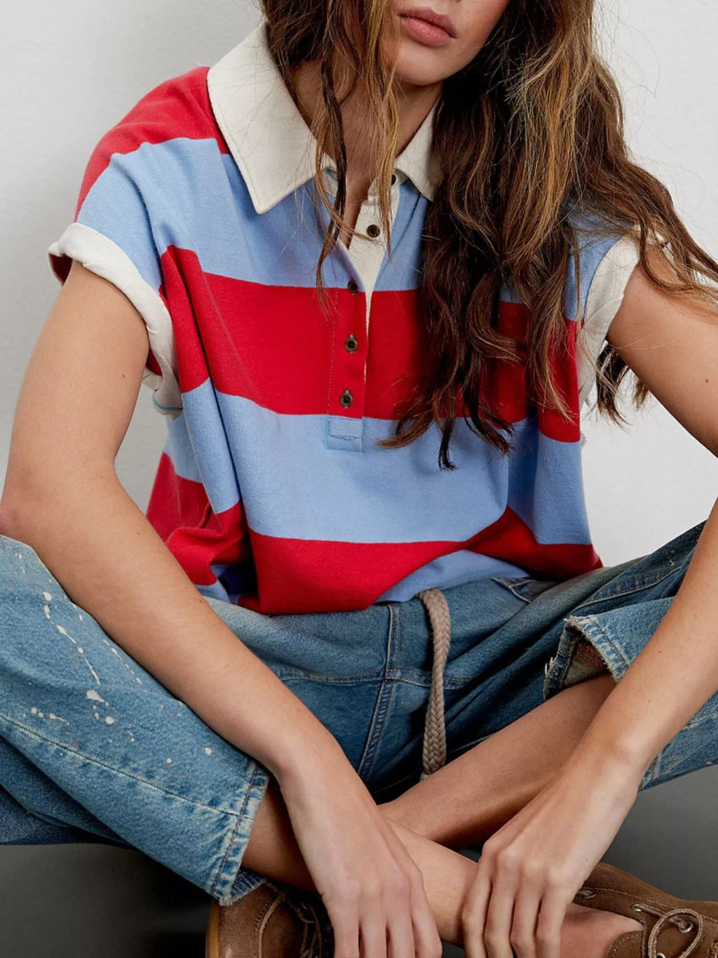 Half Button Striped Short Sleeve Cropped Polo Shirt