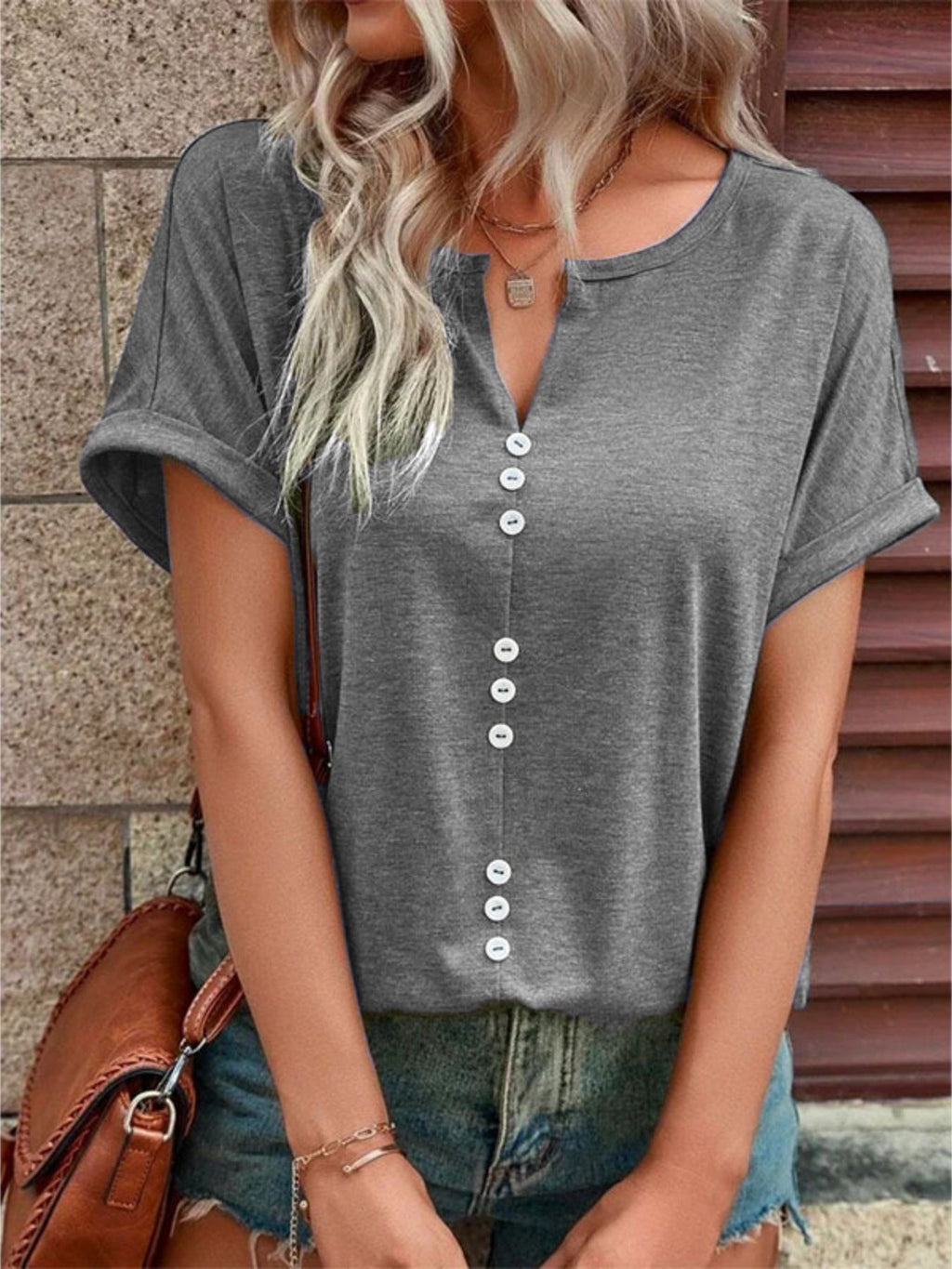 Full Size Decor Button Short Sleeve T-Shirt Plus Size