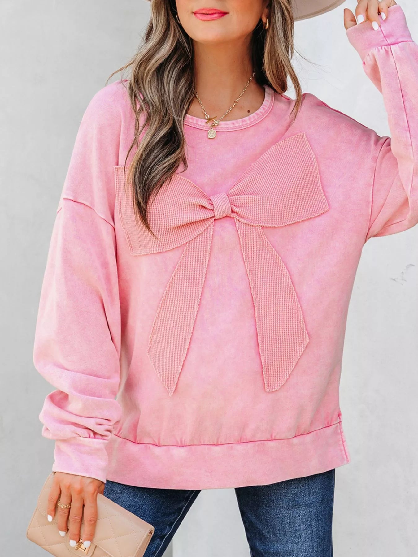 Mineral Wash Bow Patchwork Sweatshirt