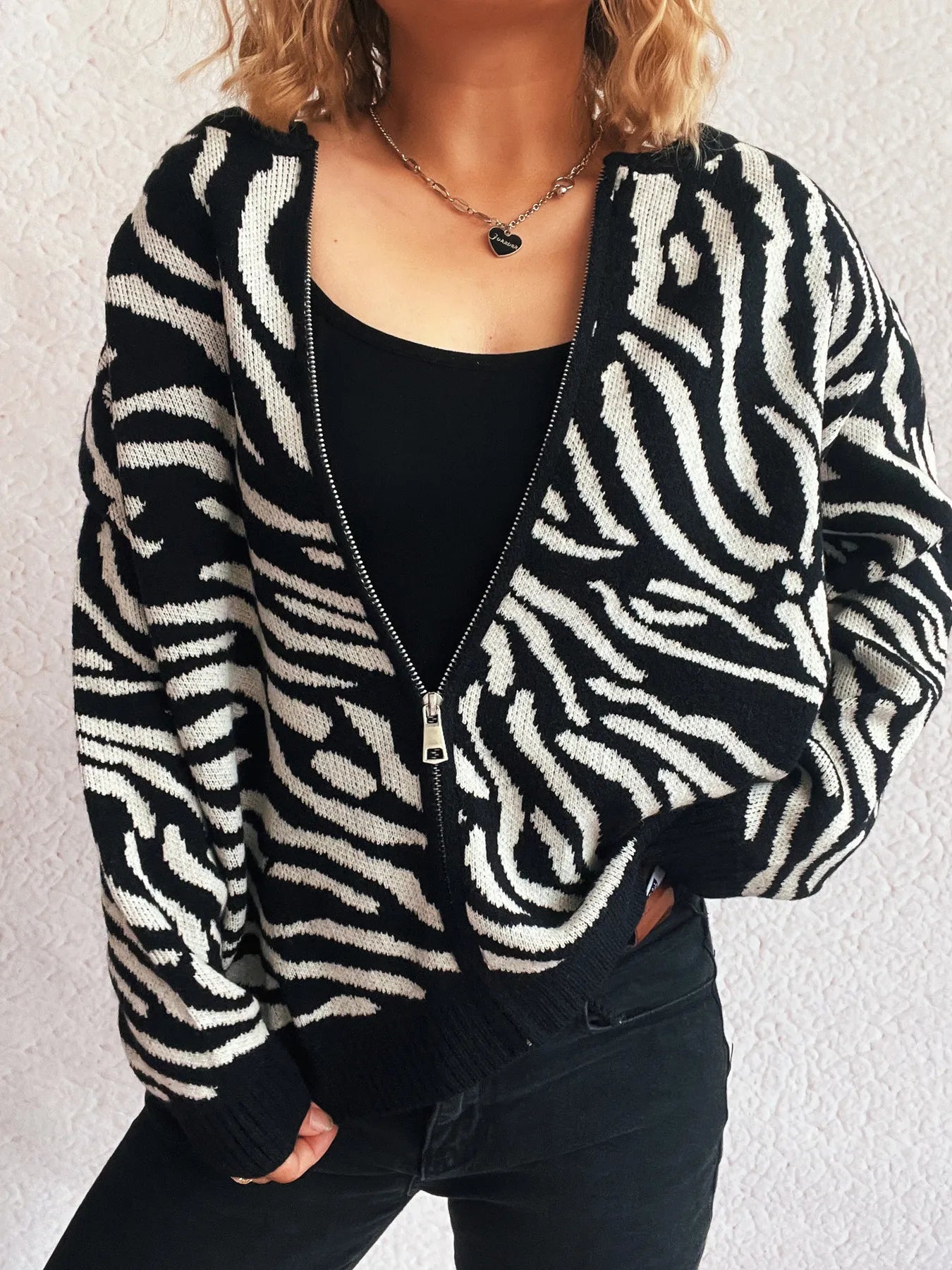 Zebra Print Zip Up Cardigan