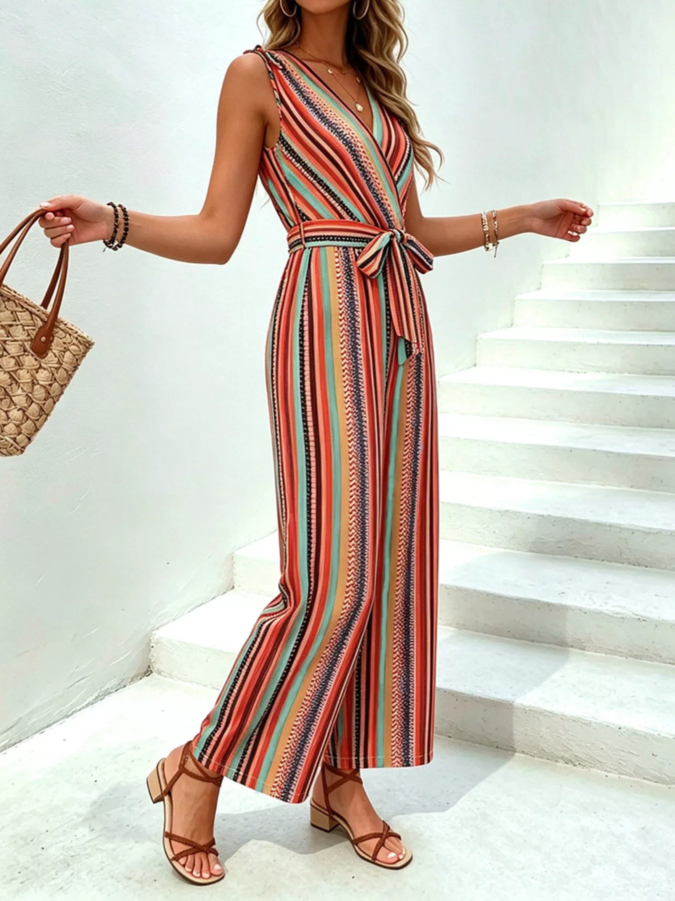 Striped Wide-Leg Jumpsuit with Tie Waist