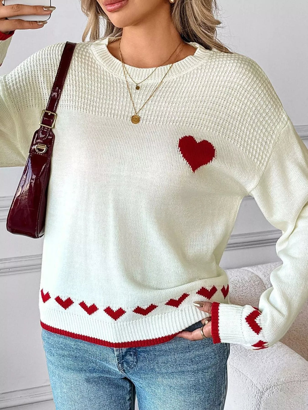 Heart Pattern Dropped Shoulder Sweater