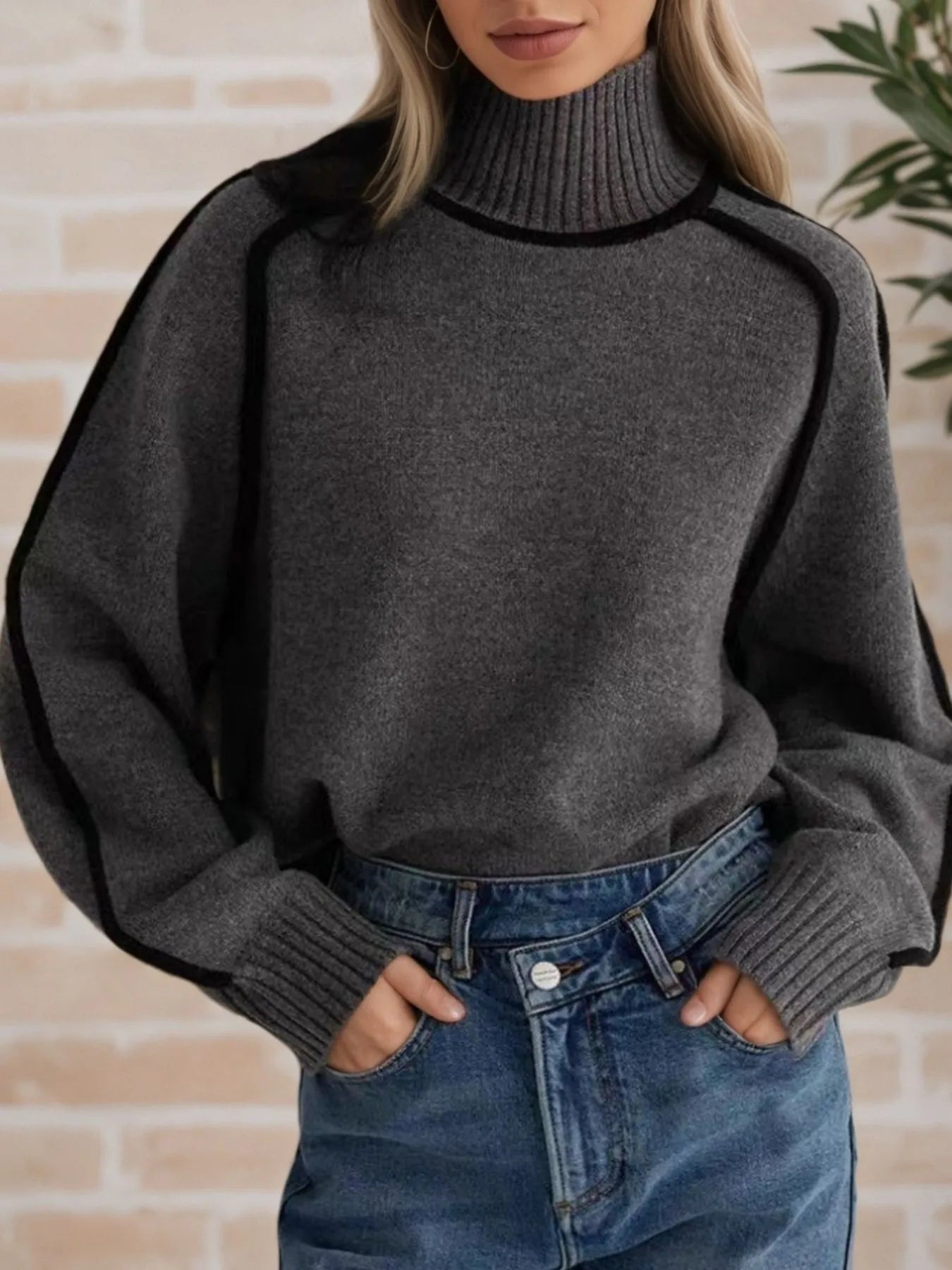 Contrast Trim Turtleneck Sweater