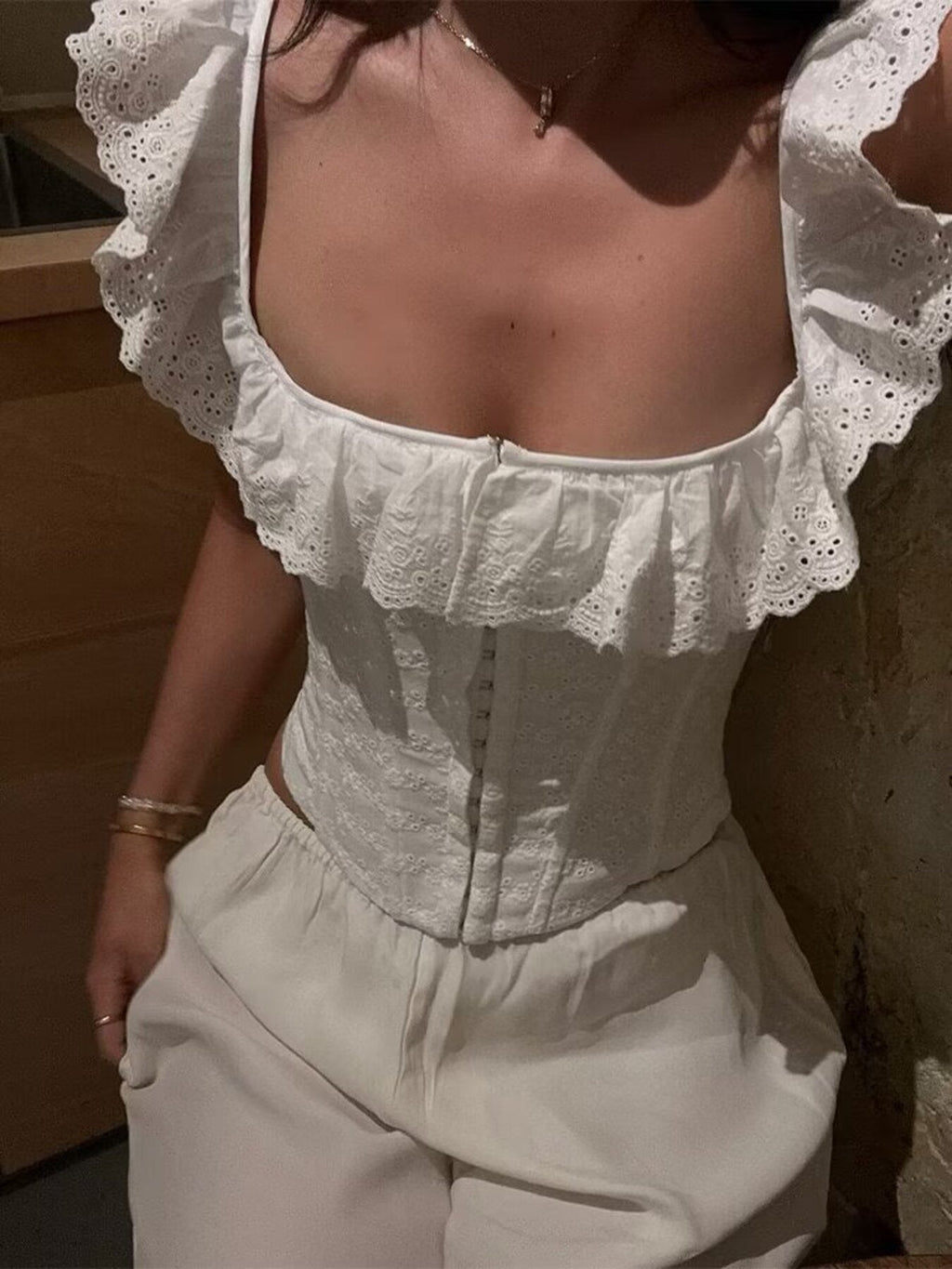 Lace Up Back Eyelet Ruffle Trim Tank