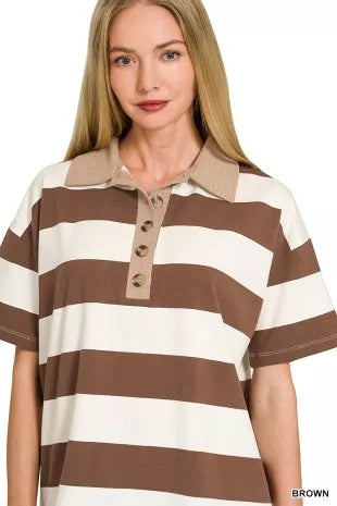 Zenana Striped Collared Polo Top