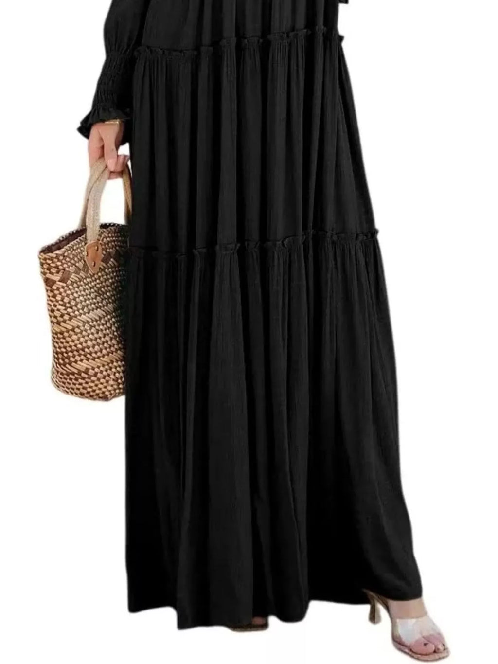 V-Neck Long Sleeve Tiered Maxi Dress