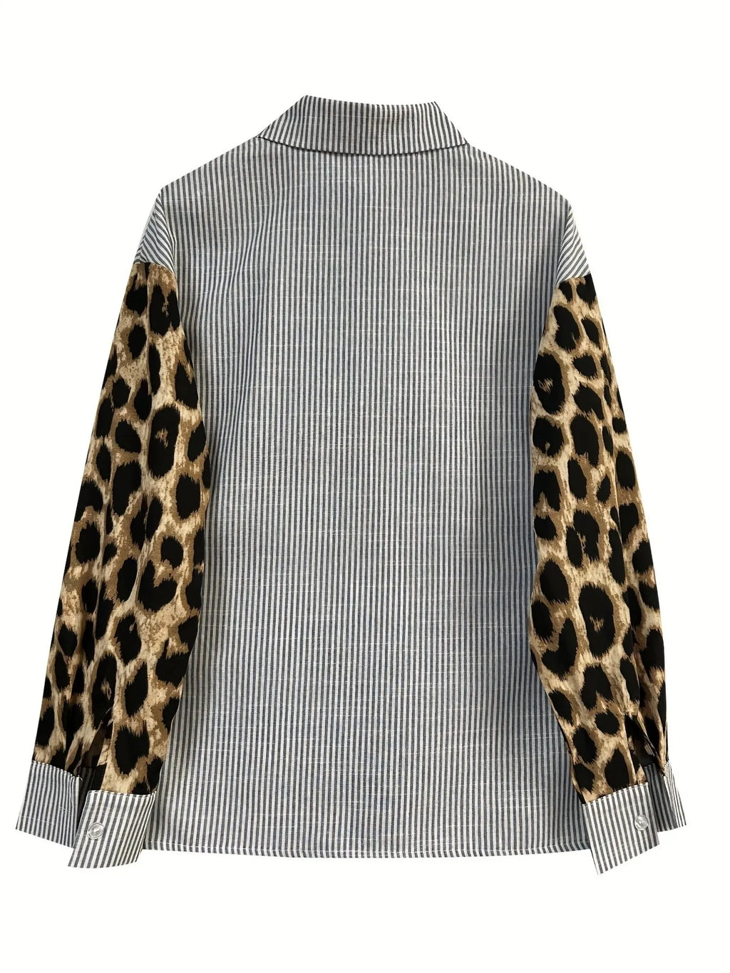 Leopard Print Sleeve Striped Button-Down Shirt