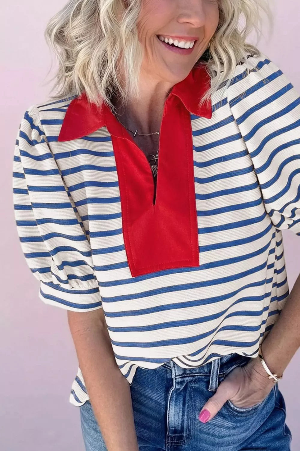 Striped Collared Neck Short Sleeve Blouse