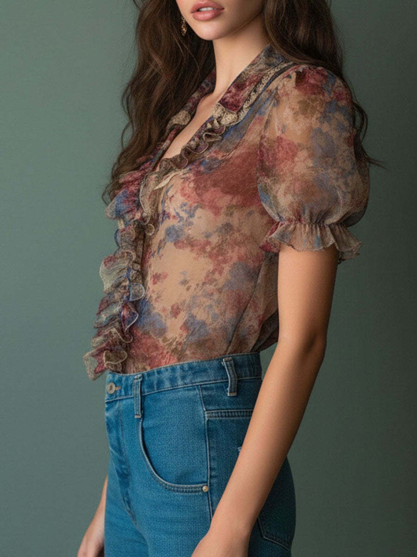 Floral Print Ruffle Trim Blouse