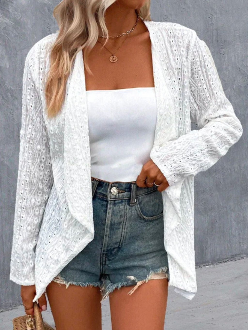 Eyelet Embroidered Open Front Cardigan