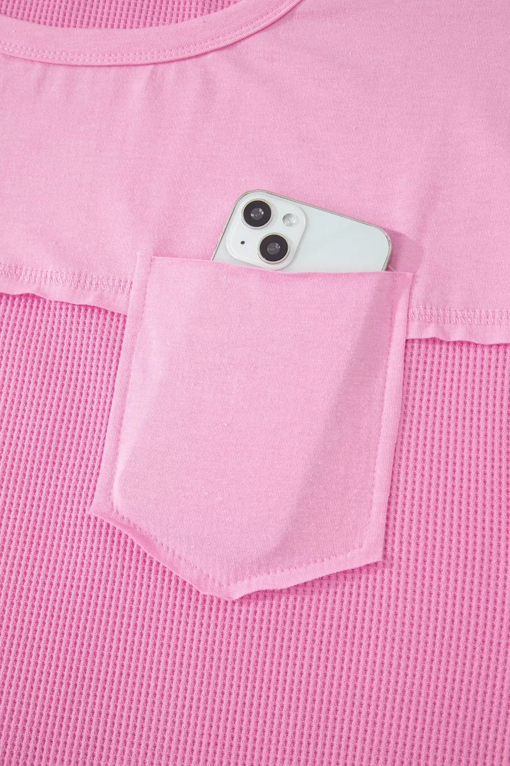 Solid Color Raw Seam Waffled Patchwork Casual T Shirt
