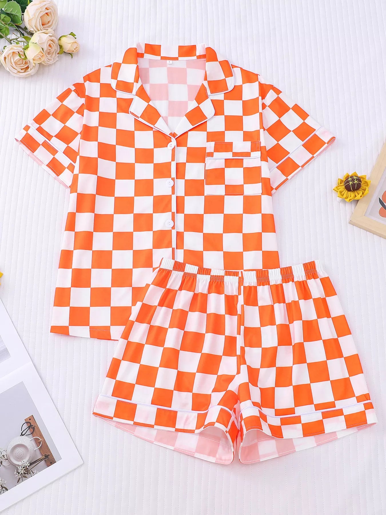 Checkered Print Button Up Top and Shorts Lounge Set
