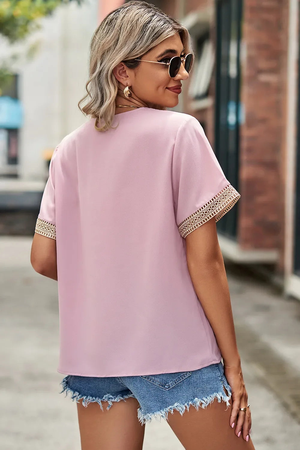 Openwork V-Neck Short Sleeve T-Shirt