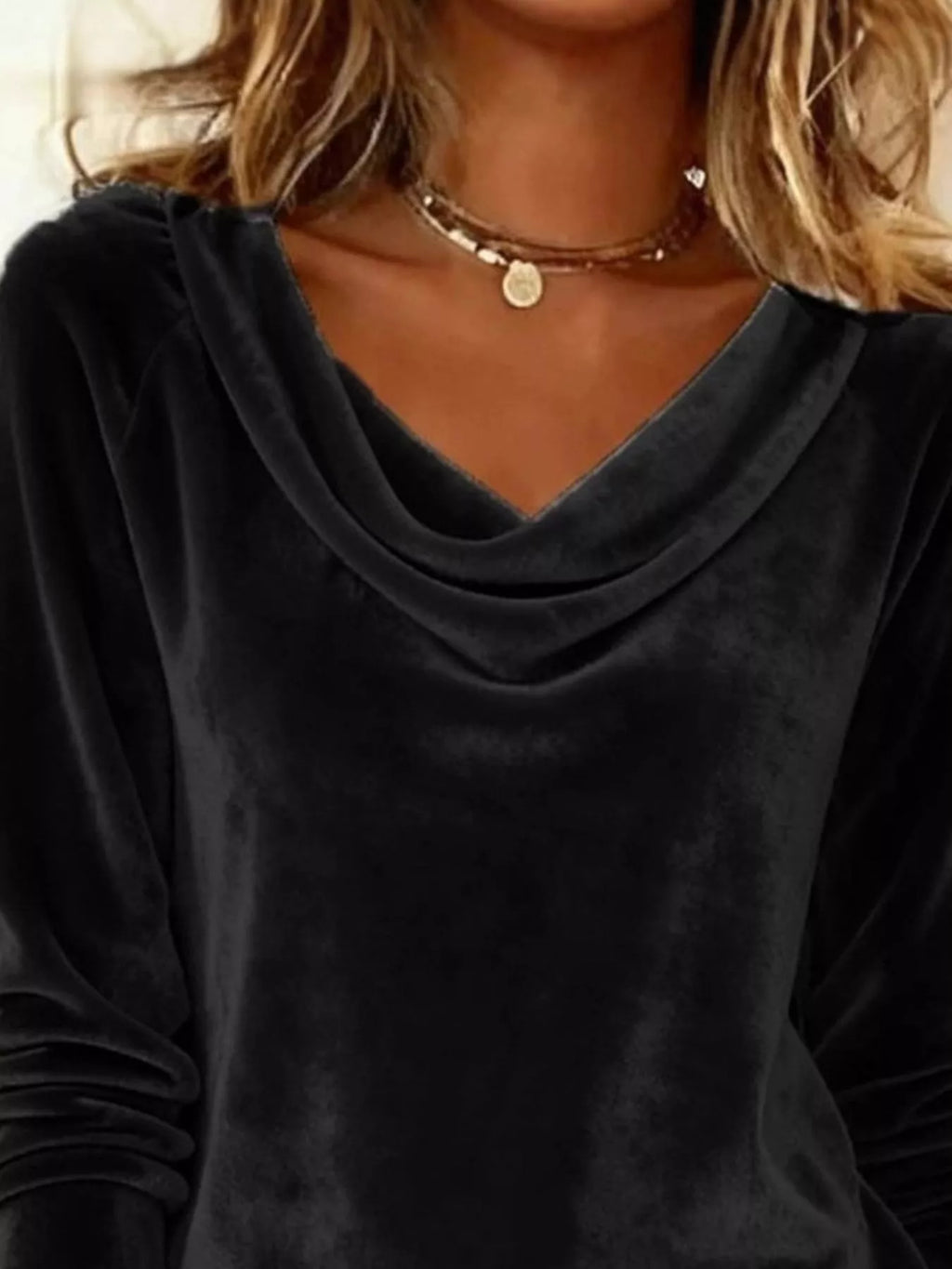 Velvet Cowl Neck Long Sleeve T-Shirt
