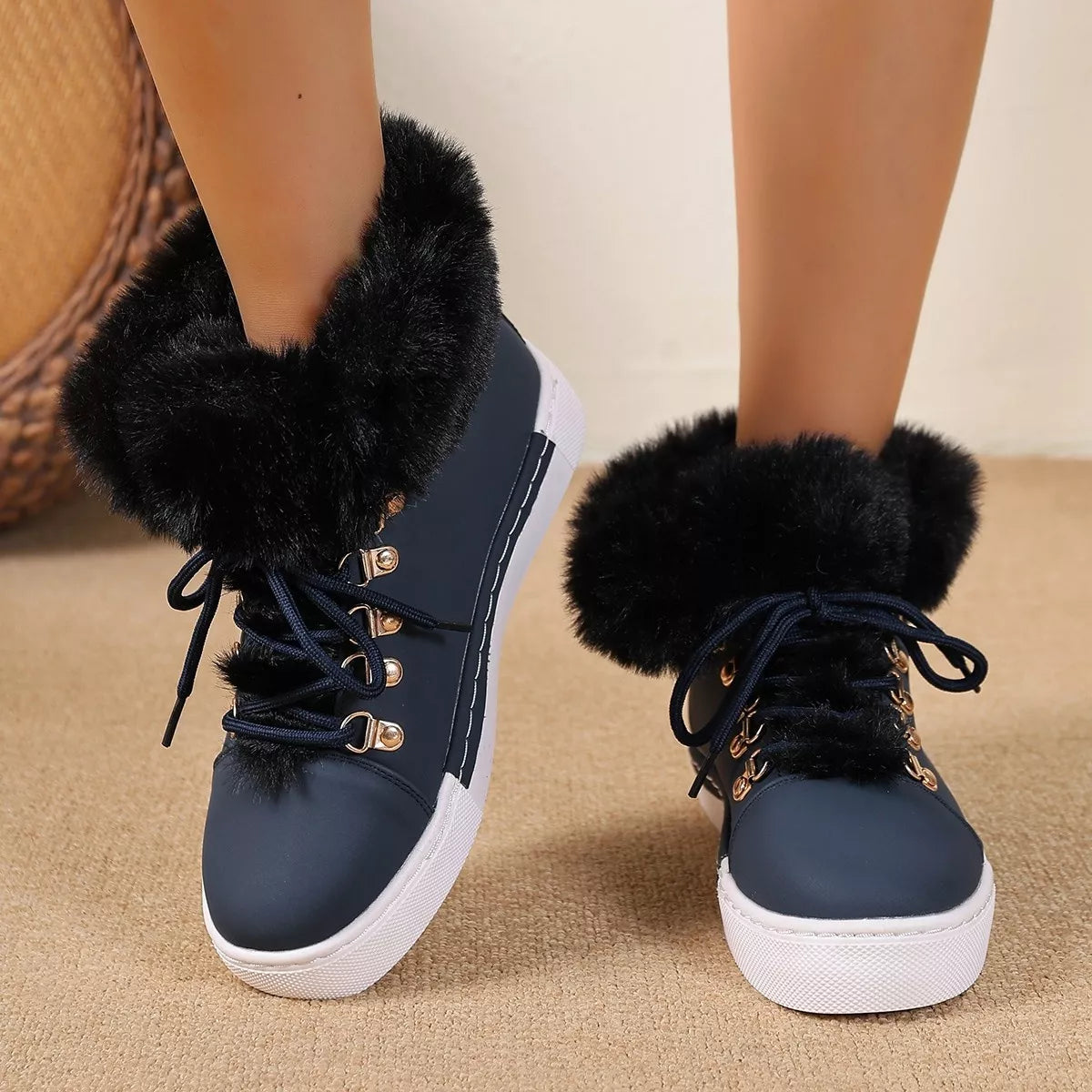 Fuzzy Trim Lace-Up Ankle Boots